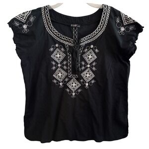 Boho Embroidered Cotton Blouse Black Peasant Top Tie Neck India Festival Large